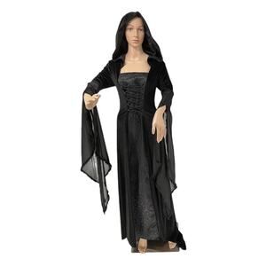 Morticia Gothic Velvet Hood Dress Bell Sleeves Corset Back Size S Witchy Cosplay